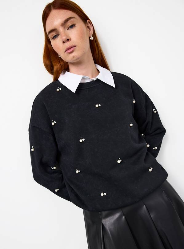 Charcoal Pearl Embellished Crew Sweatshirt XL