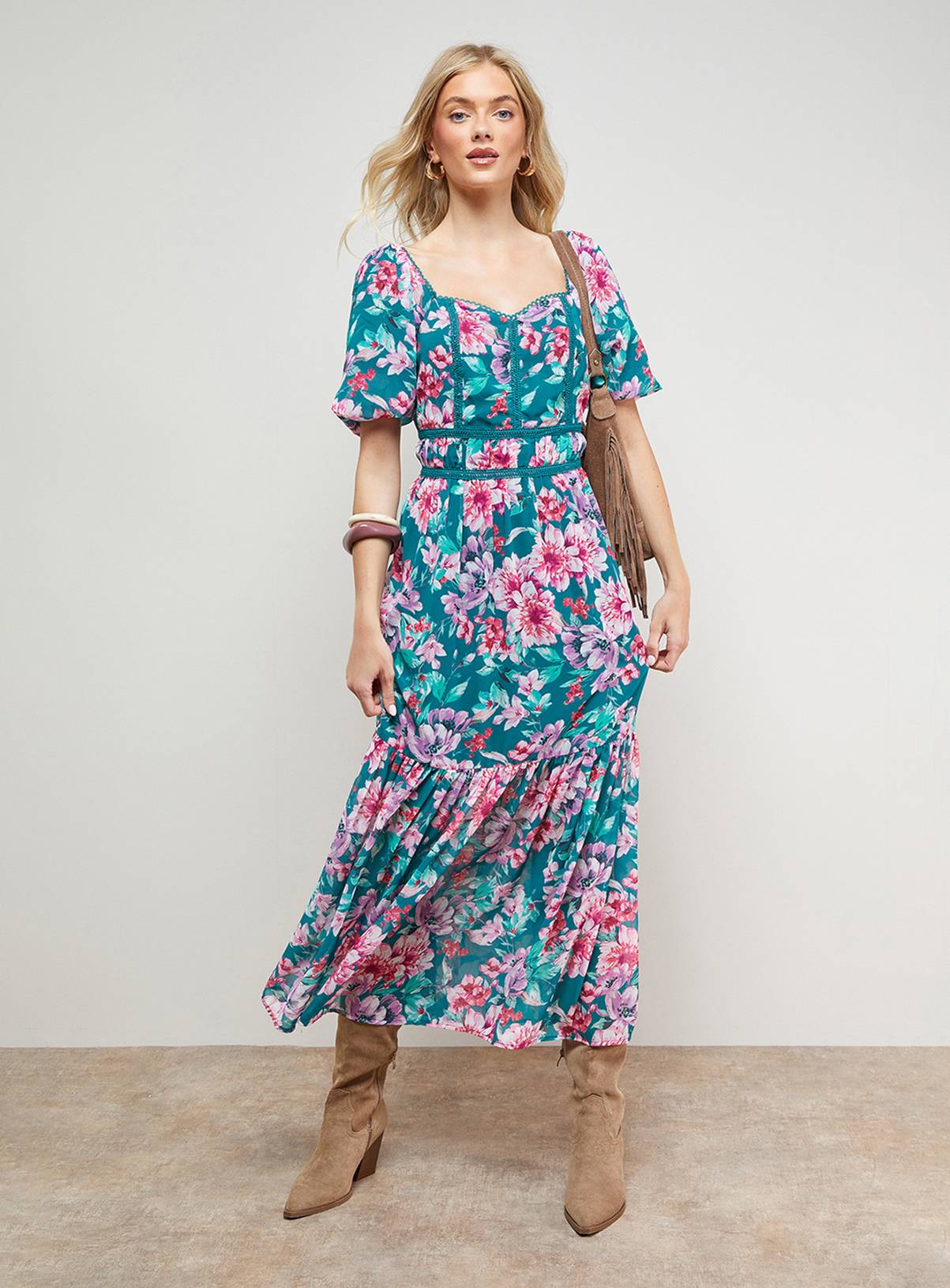 OASIS Lace Trim Puff Sleeve Midaxi Dress 16 - Image 1