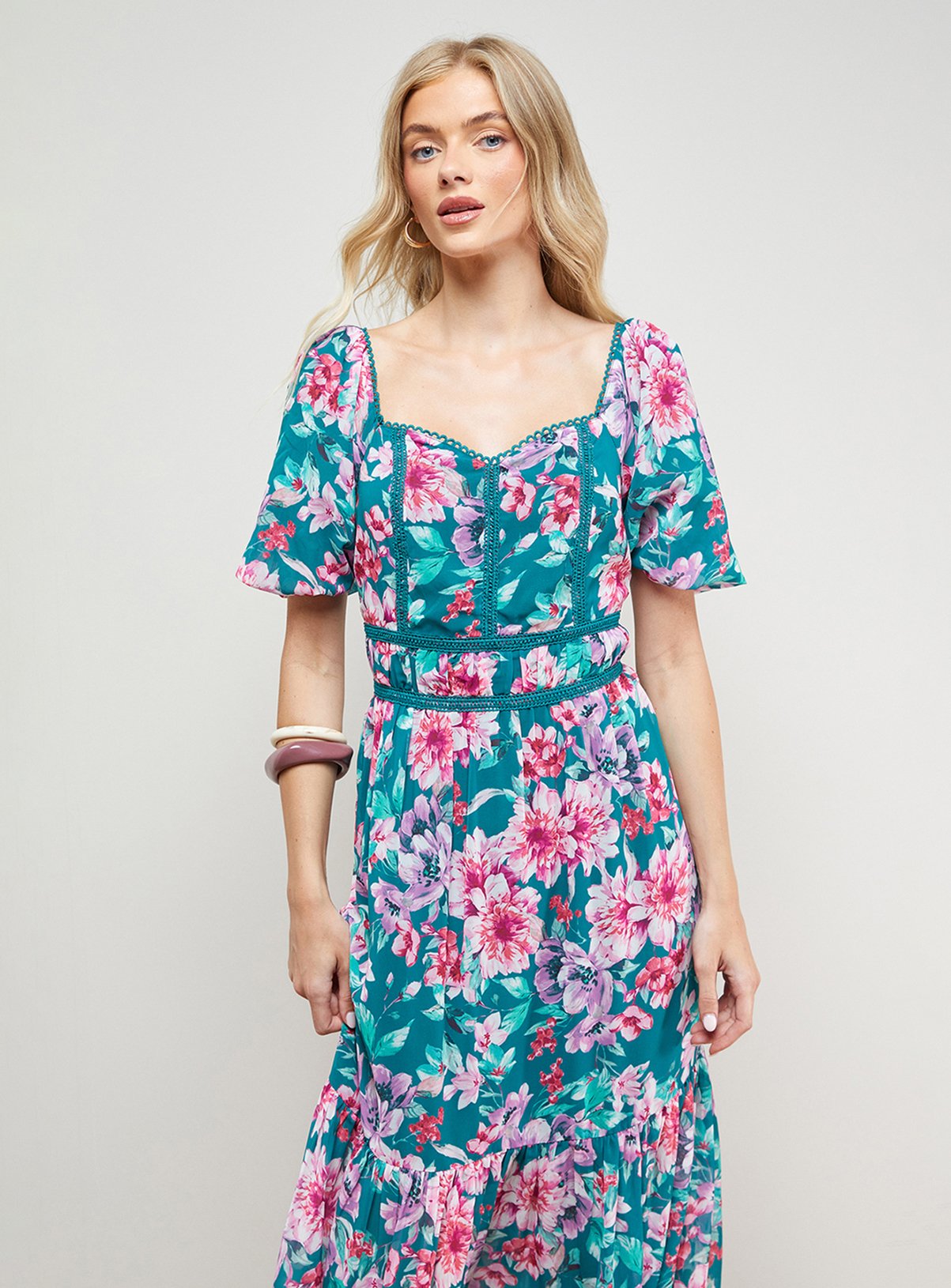 OASIS Lace Trim Puff Sleeve Midaxi Dress 16 - Image 2 thumbnail