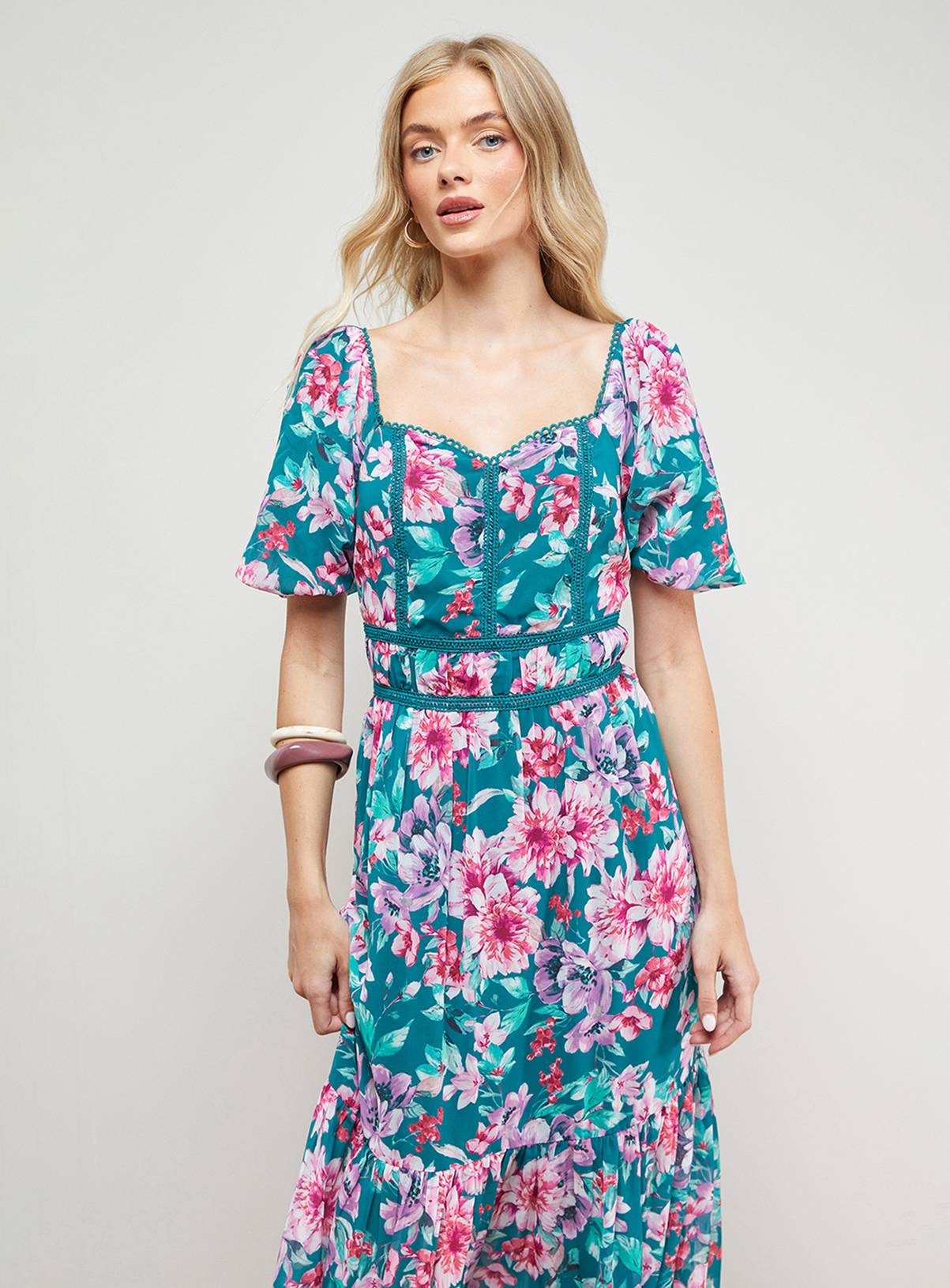 OASIS Lace Trim Puff Sleeve Midaxi Dress 16 - Image 2