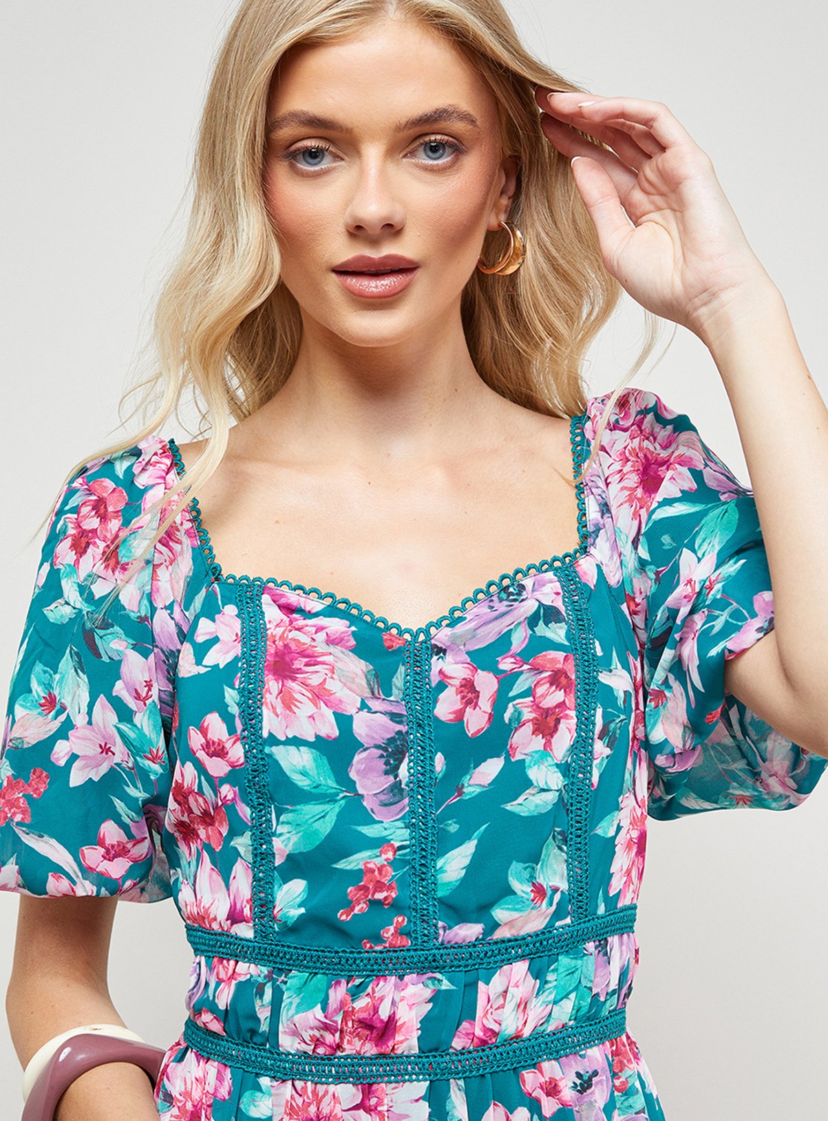 OASIS Lace Trim Puff Sleeve Midaxi Dress 16 - Image 3 thumbnail