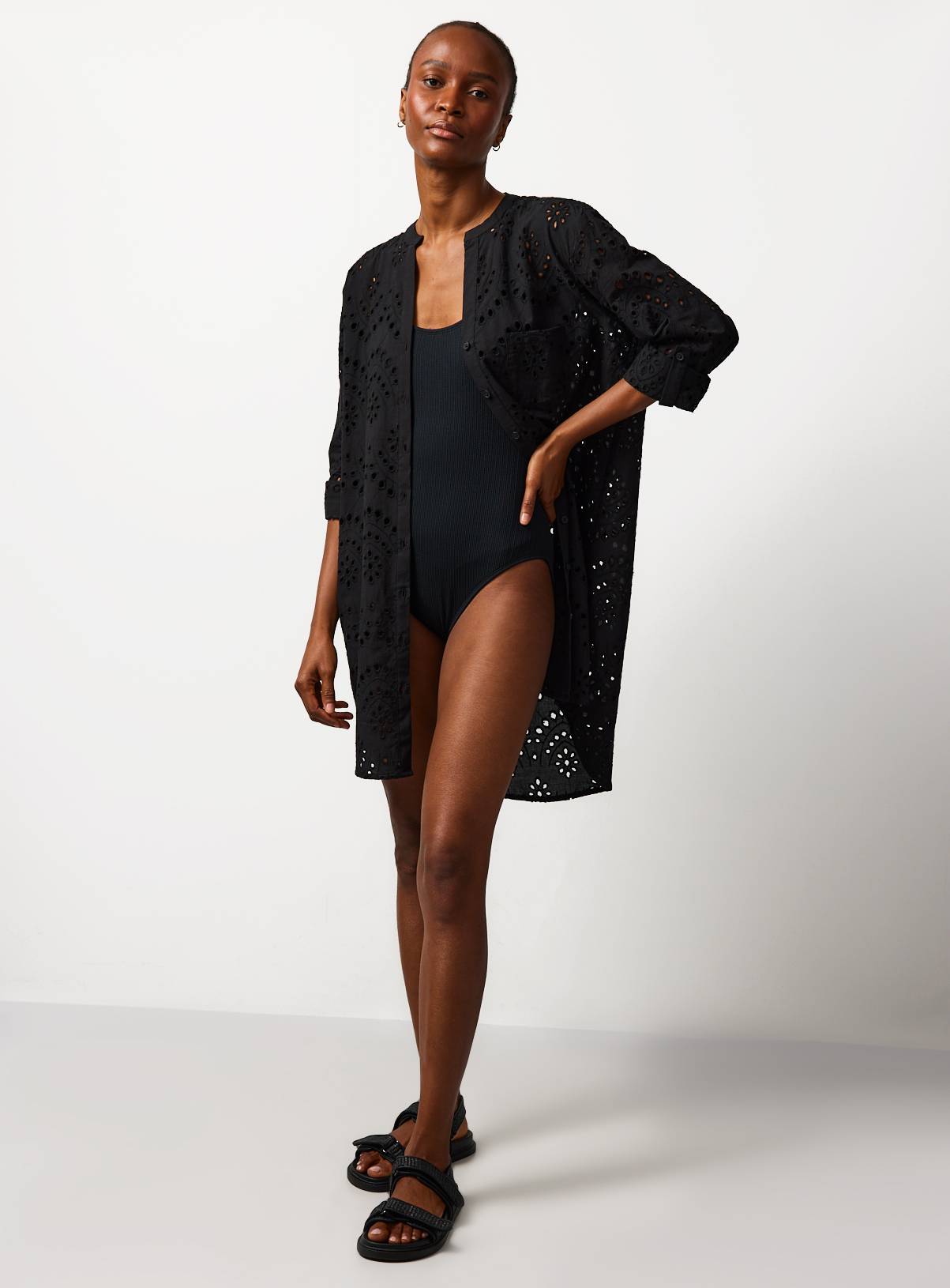 Black Lightweight Boho Pattern Beach Shirt XS - Image 1