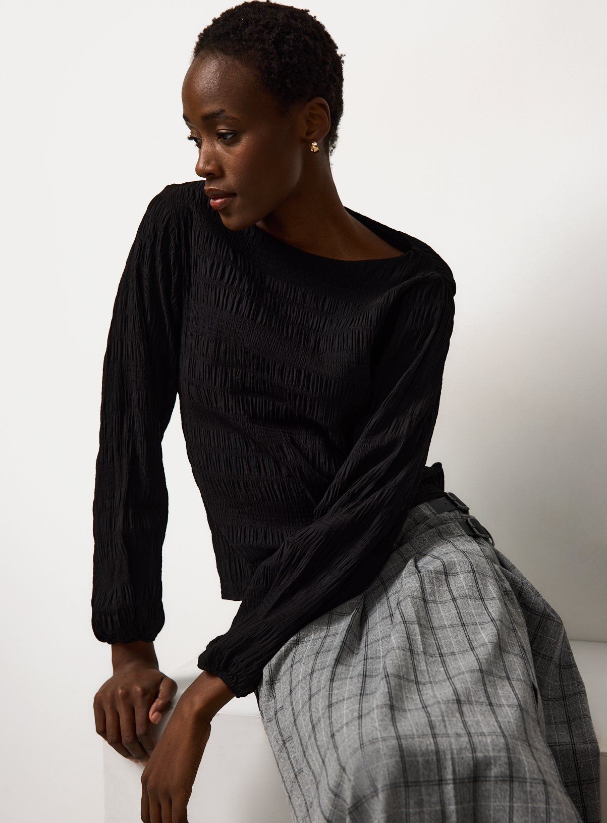 Black Shirred Boat Neck Top 18 - Image 3 thumbnail