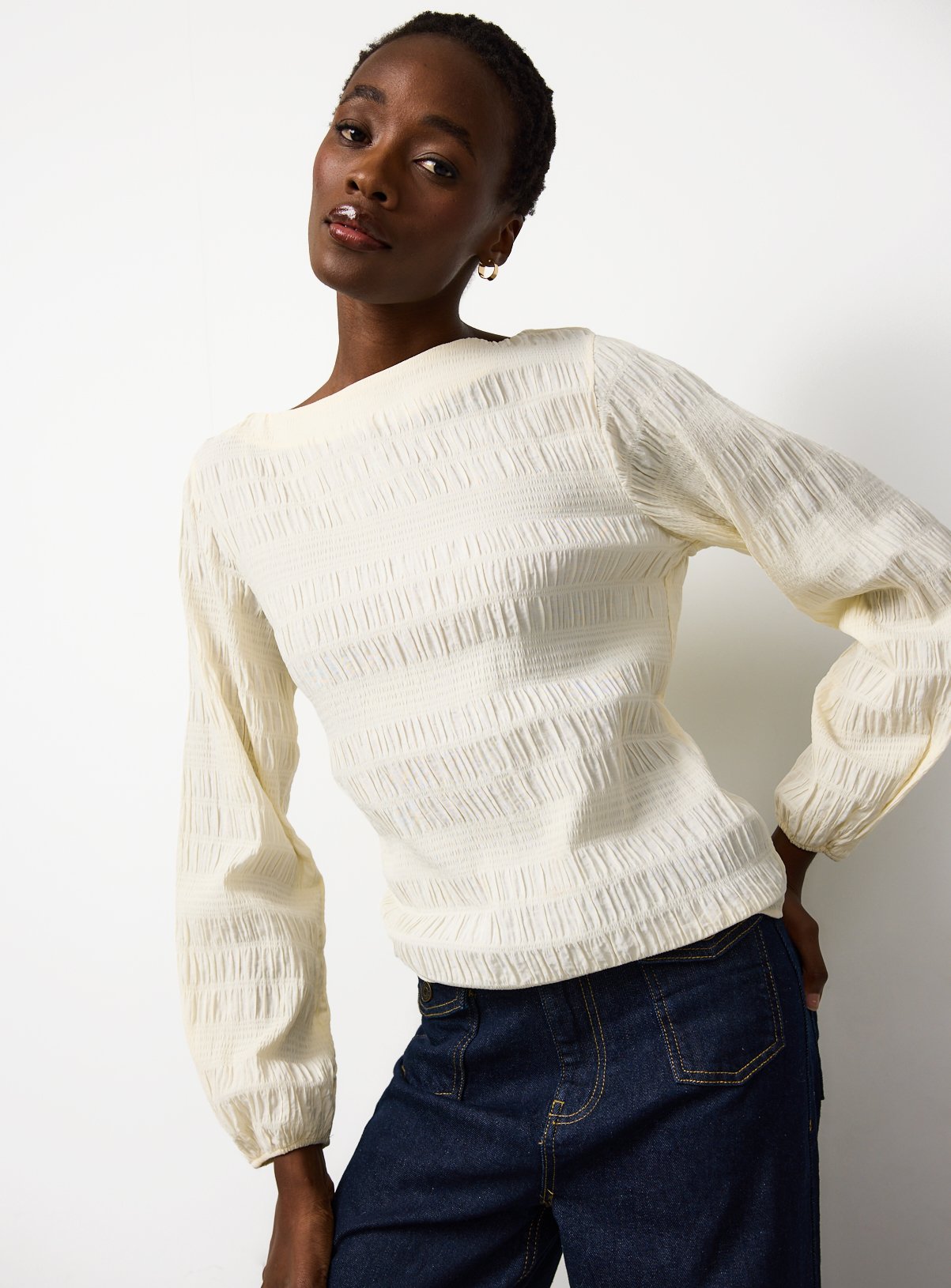 Cream Shirred Boat Neck Top 10 - Image 1 thumbnail