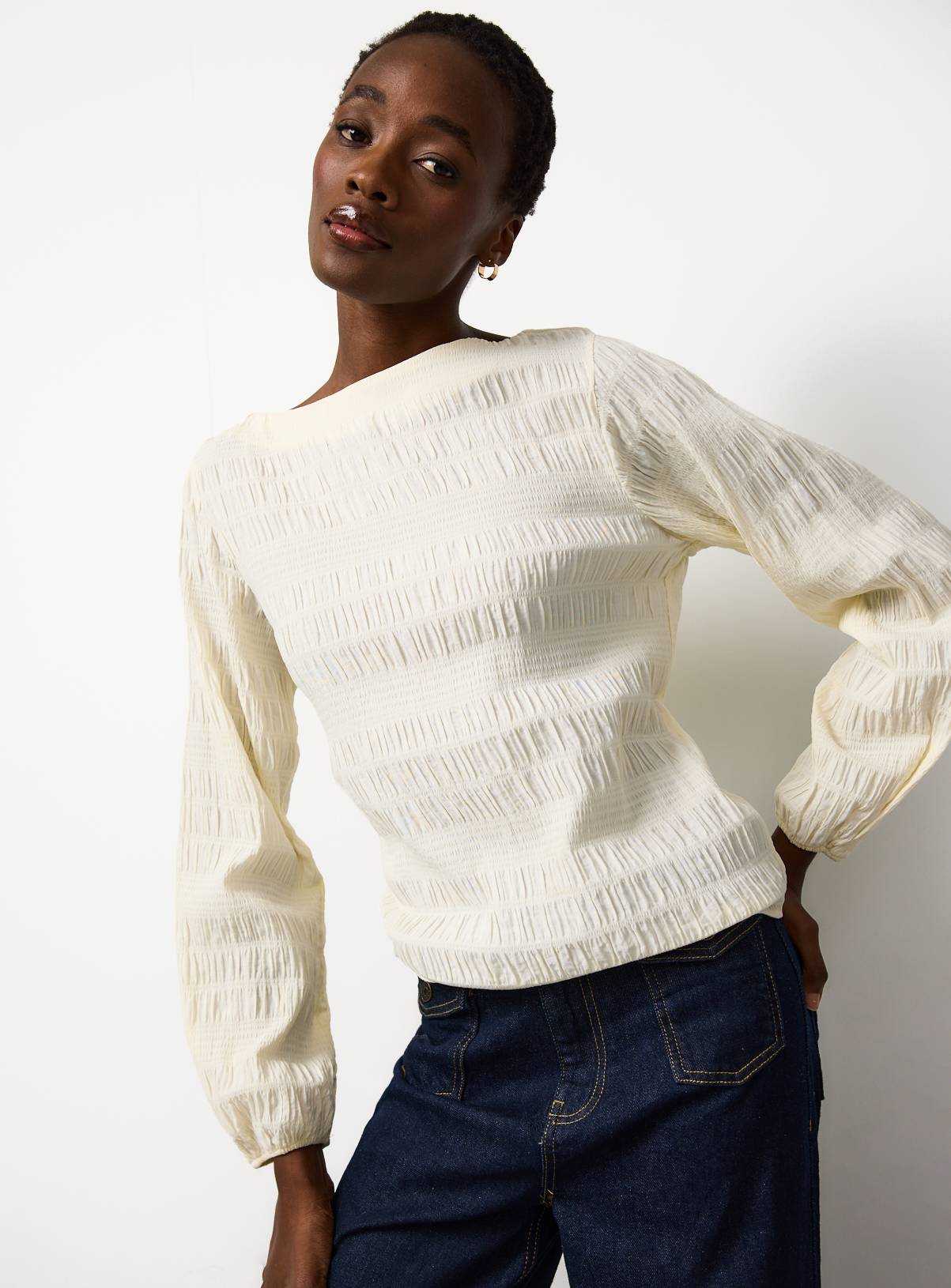 Cream Shirred Boat Neck Top 10 - Image 1