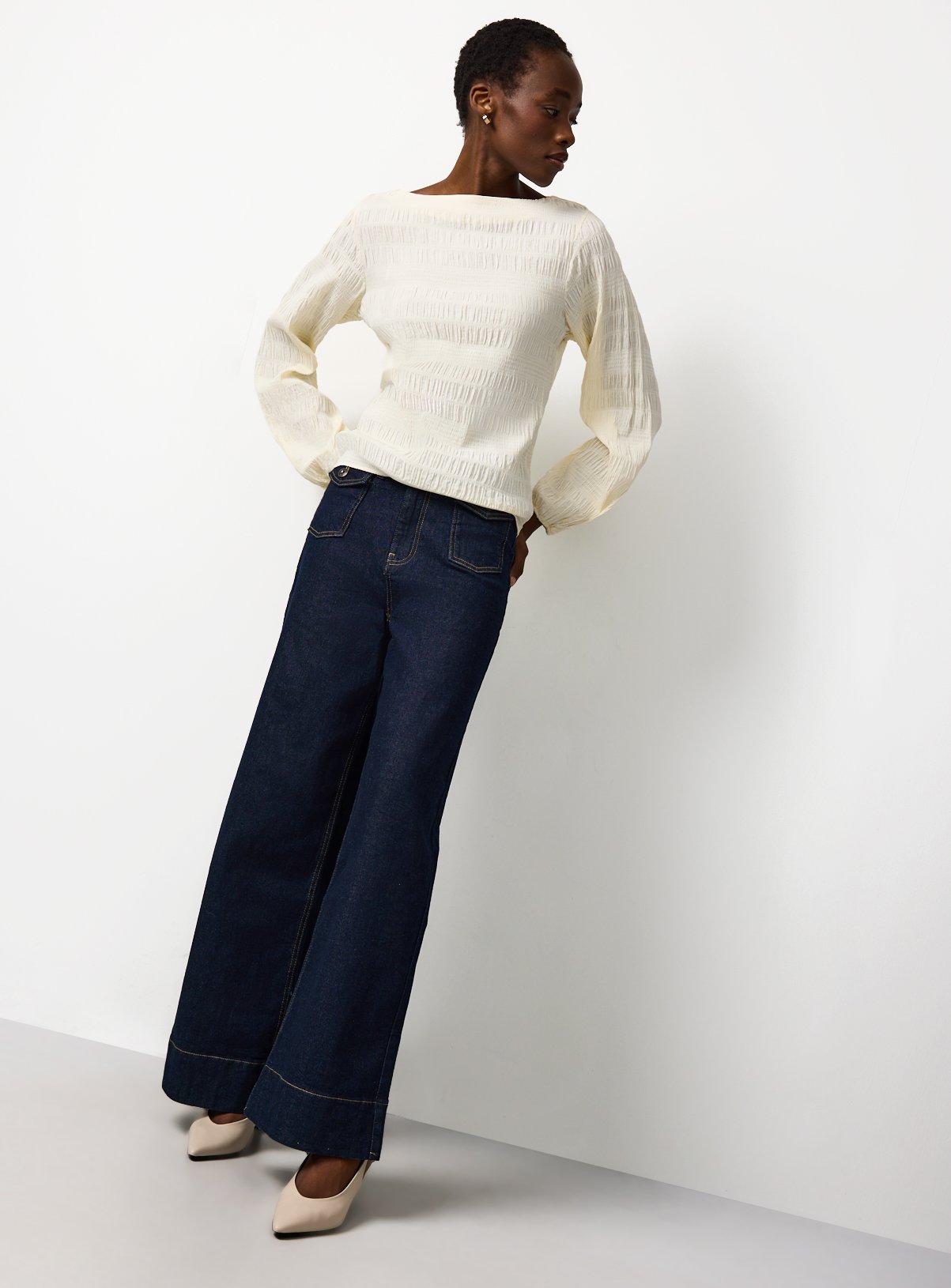 Cream Shirred Boat Neck Top 10 - Image 2 thumbnail