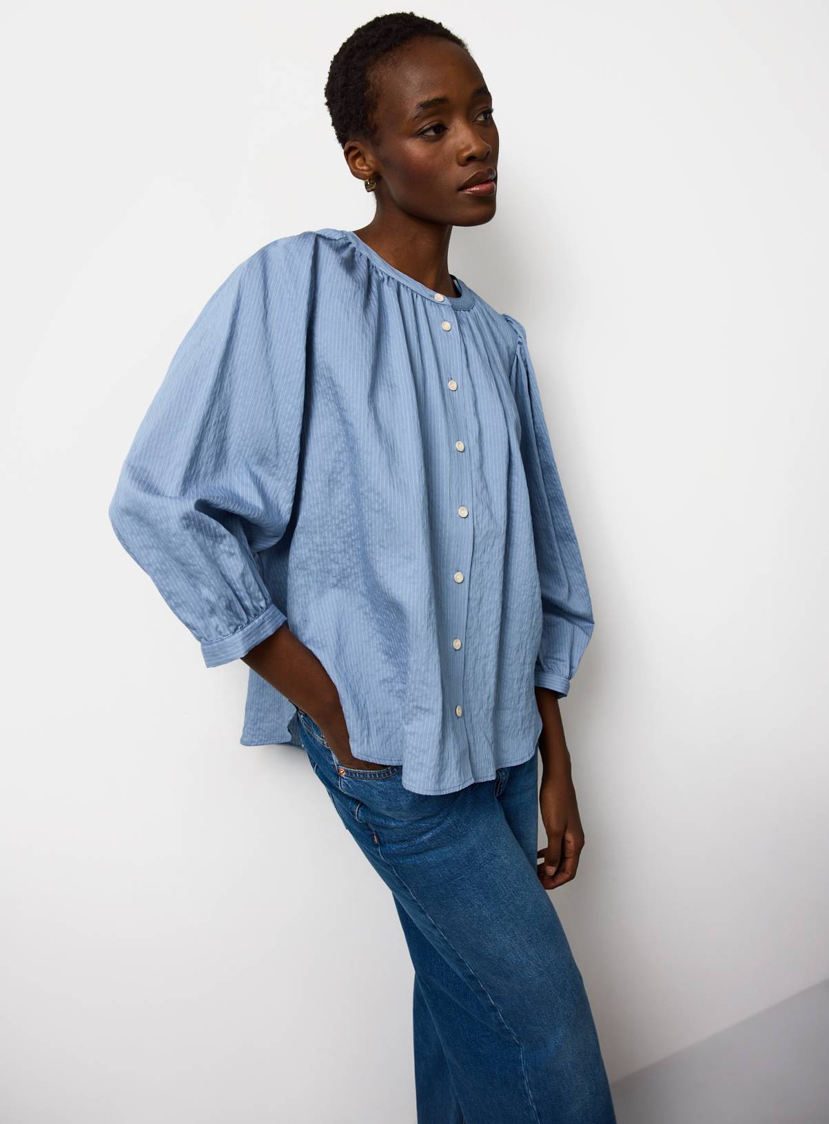 Blue 3/4 Stripe Button Through Blouse 10 - Image 1