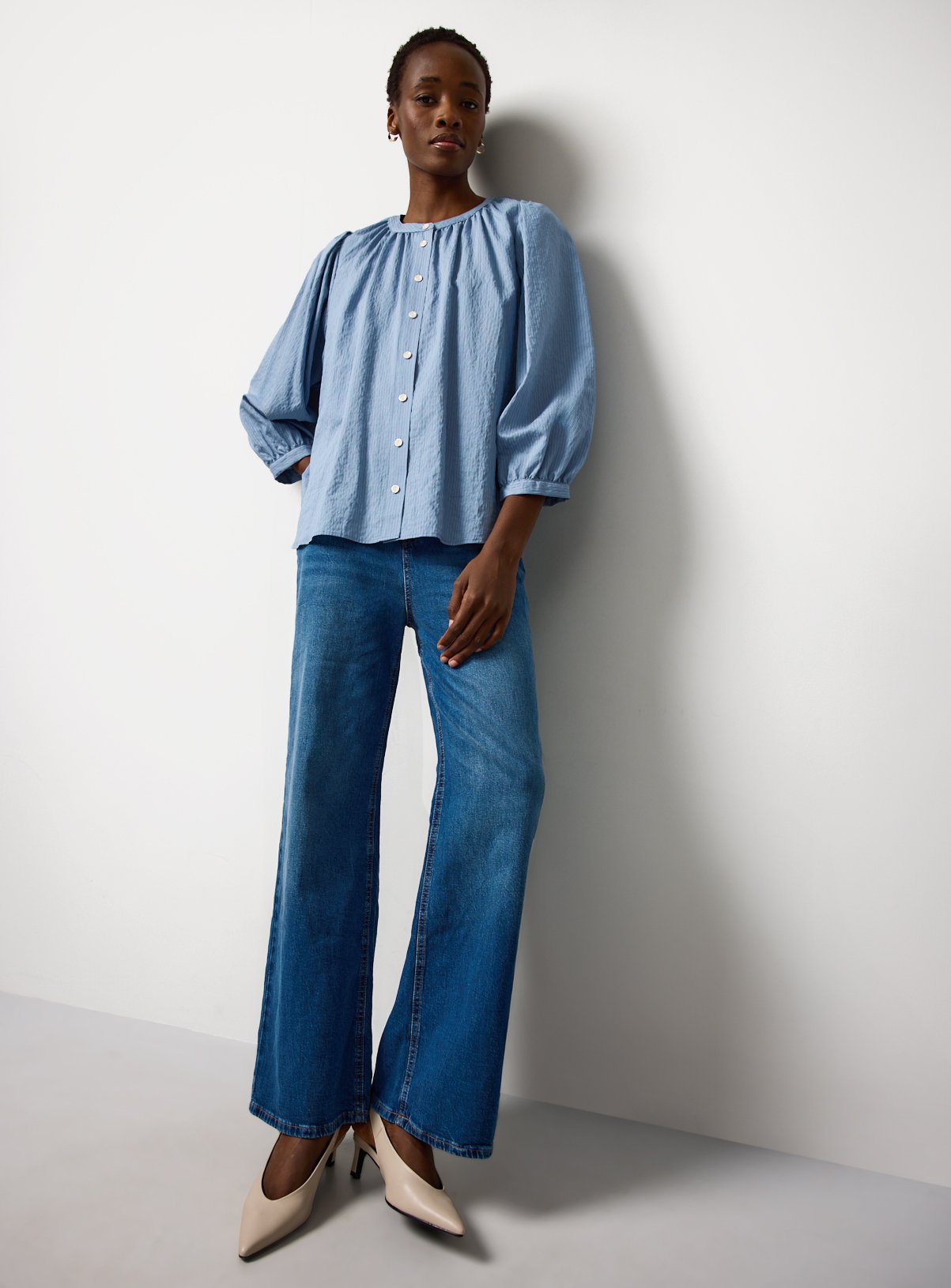 Blue 3/4 Stripe Button Through Blouse 10 - Image 2 thumbnail