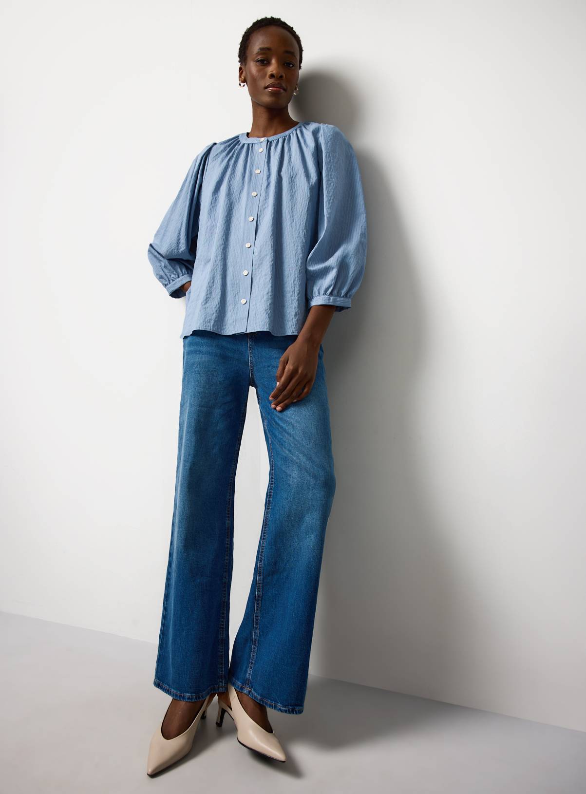 Blue 3/4 Stripe Button Through Blouse 10 - Image 2