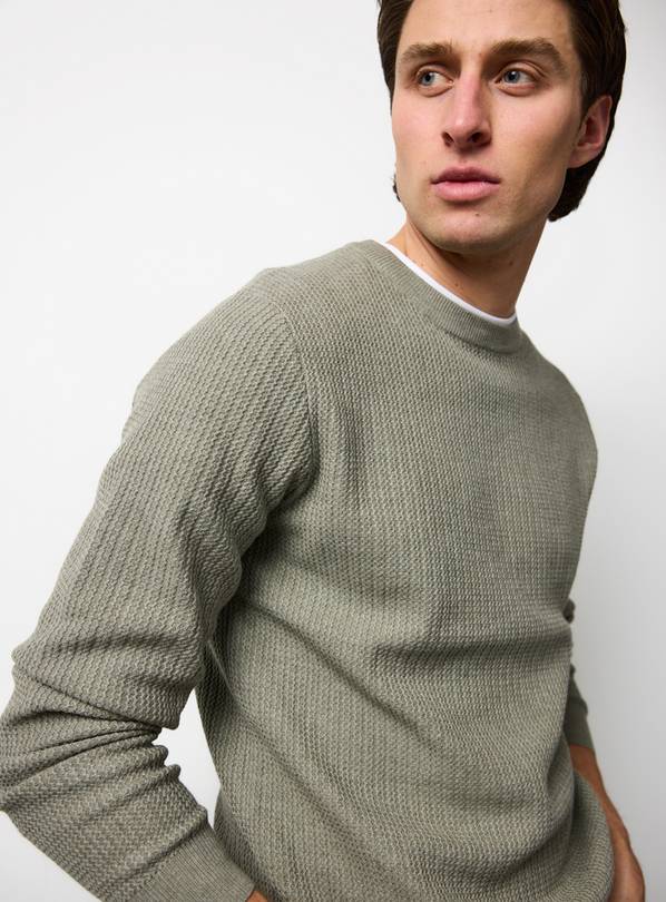 Khaki Textured Crew Neck Jumper XXXL