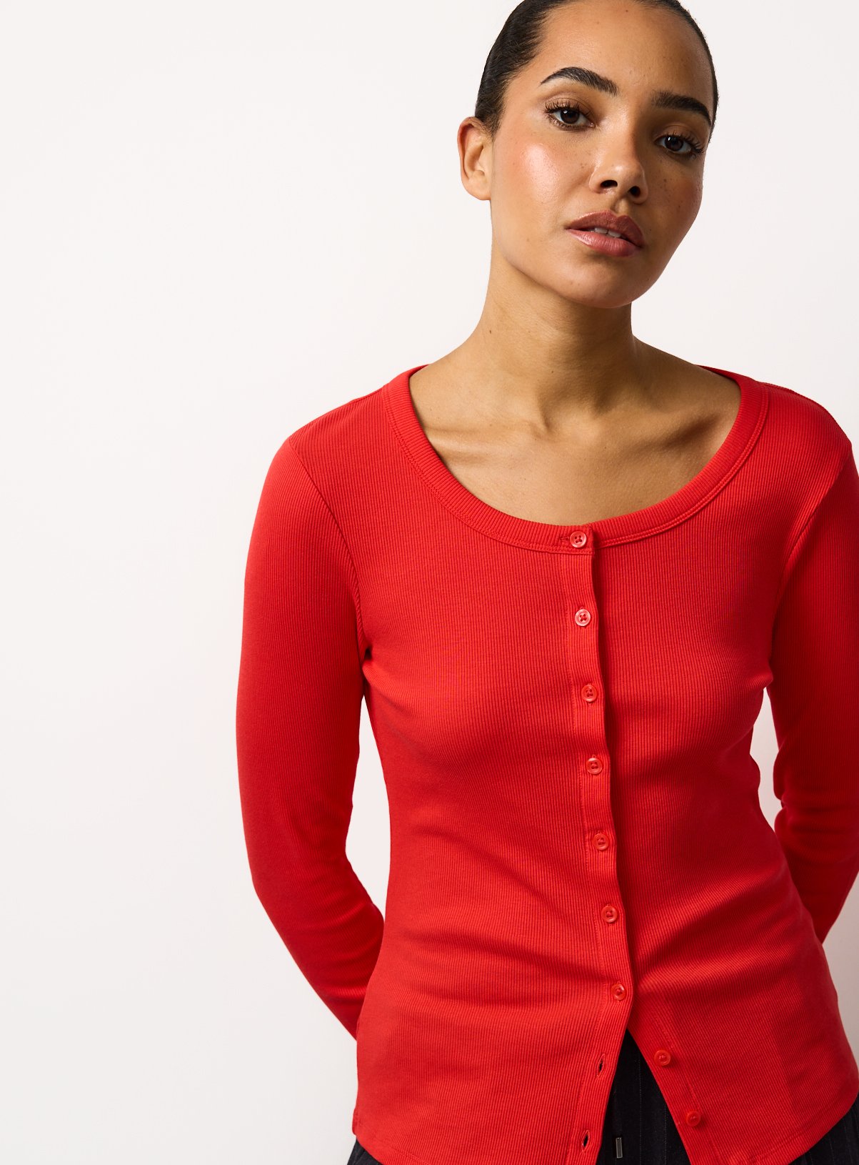 Red Ribbed Button Through Top 26