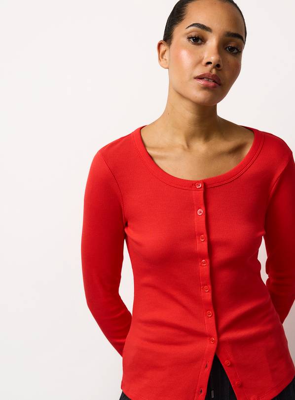 Red Ribbed Button Through Top 24