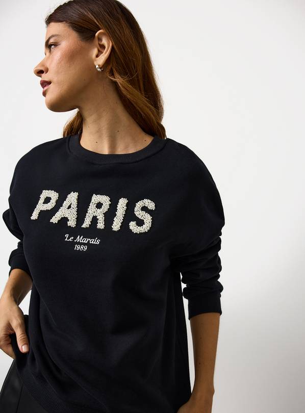 Pearl Embellished Paris Relaxed Sweatshirt  M
