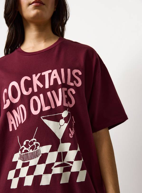 Burgundy Cocktails & Olives Print Oversized Sleep Tee M