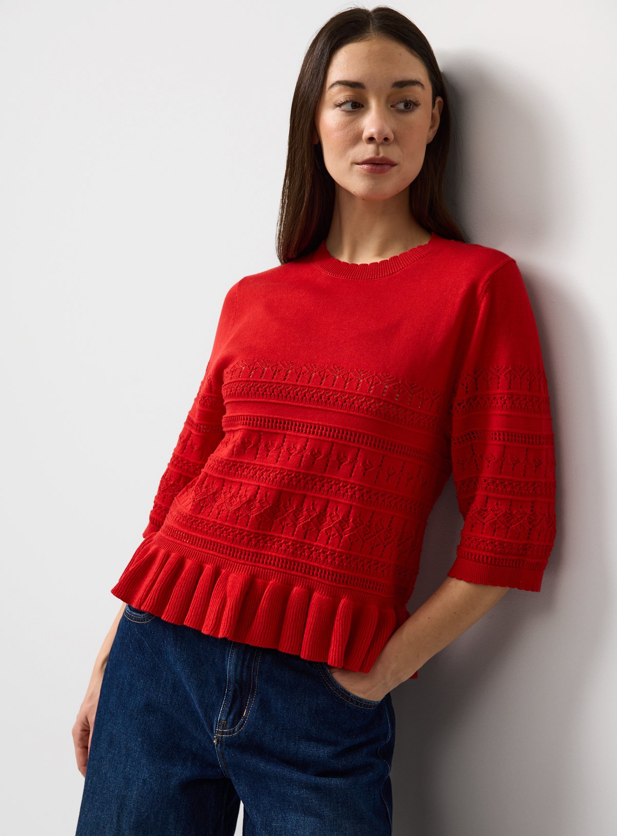 Red Frill Hem Pointelle Tee 6 - Image 1 thumbnail