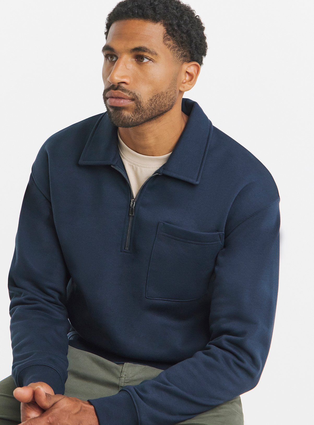 Men's Navy JACAMO Relaxed Fit 1/4 Zip Pocket Polo Neck Sweatshirt
