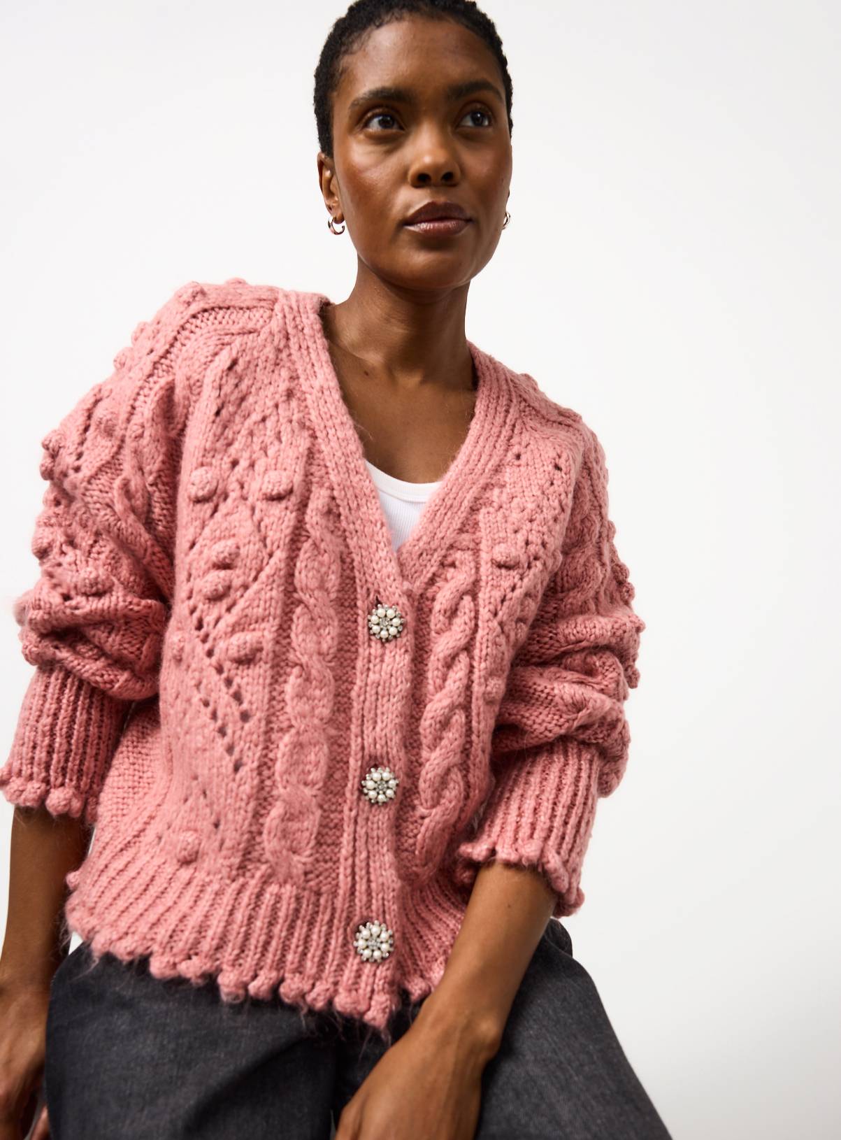 Pink Bobble Knitted Embellished Button Cardigan XS - Image 1