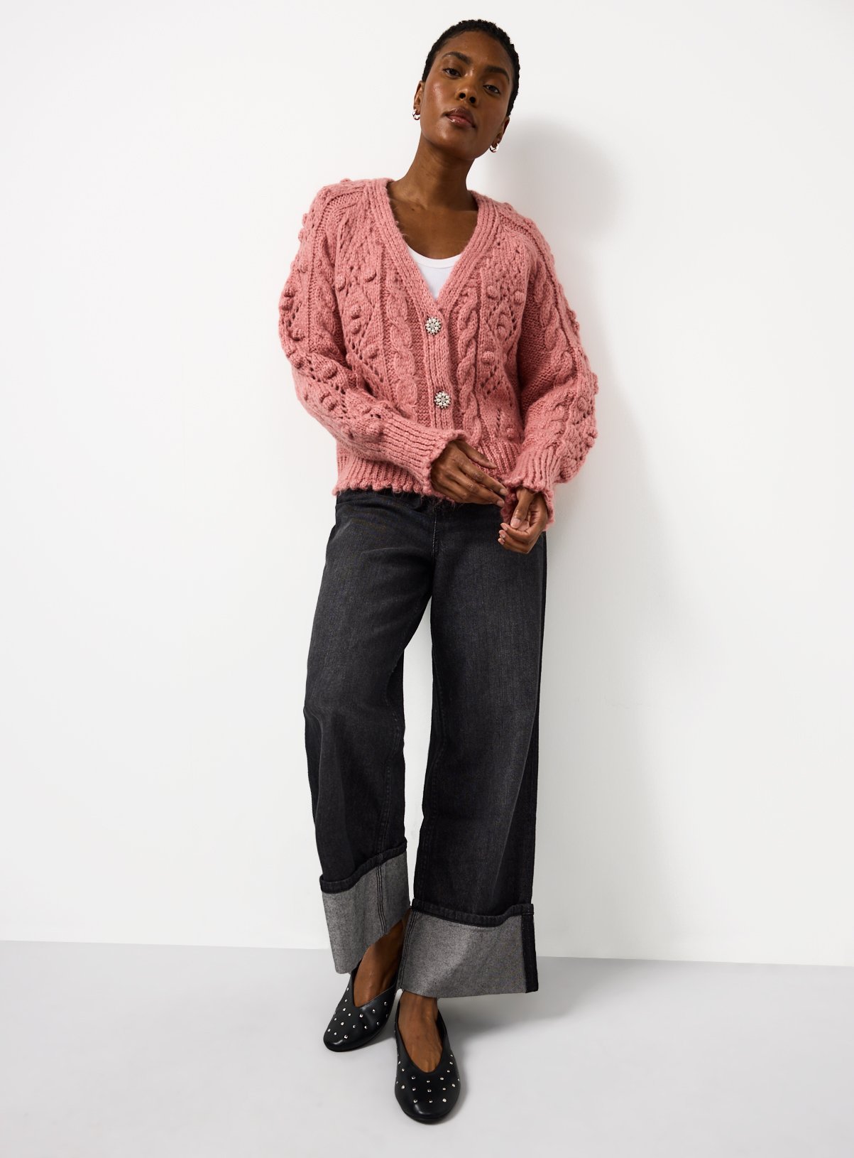Pink Bobble Knitted Embellished Button Cardigan XS - Image 3 thumbnail