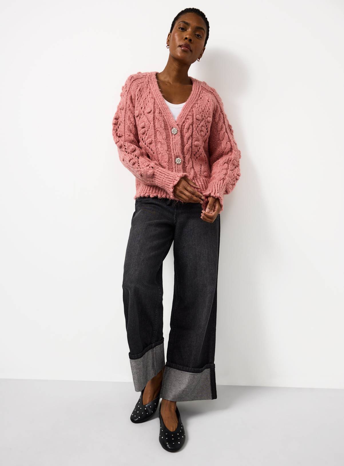 Pink Bobble Knitted Embellished Button Cardigan XS - Image 3