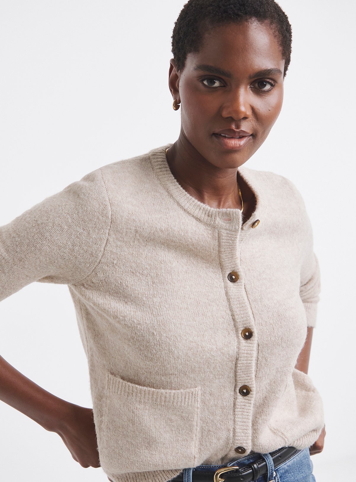 JD WILLIAMS Sponge Crew Neck Cardigan Oatmeal 32-34 - Image 1 thumbnail