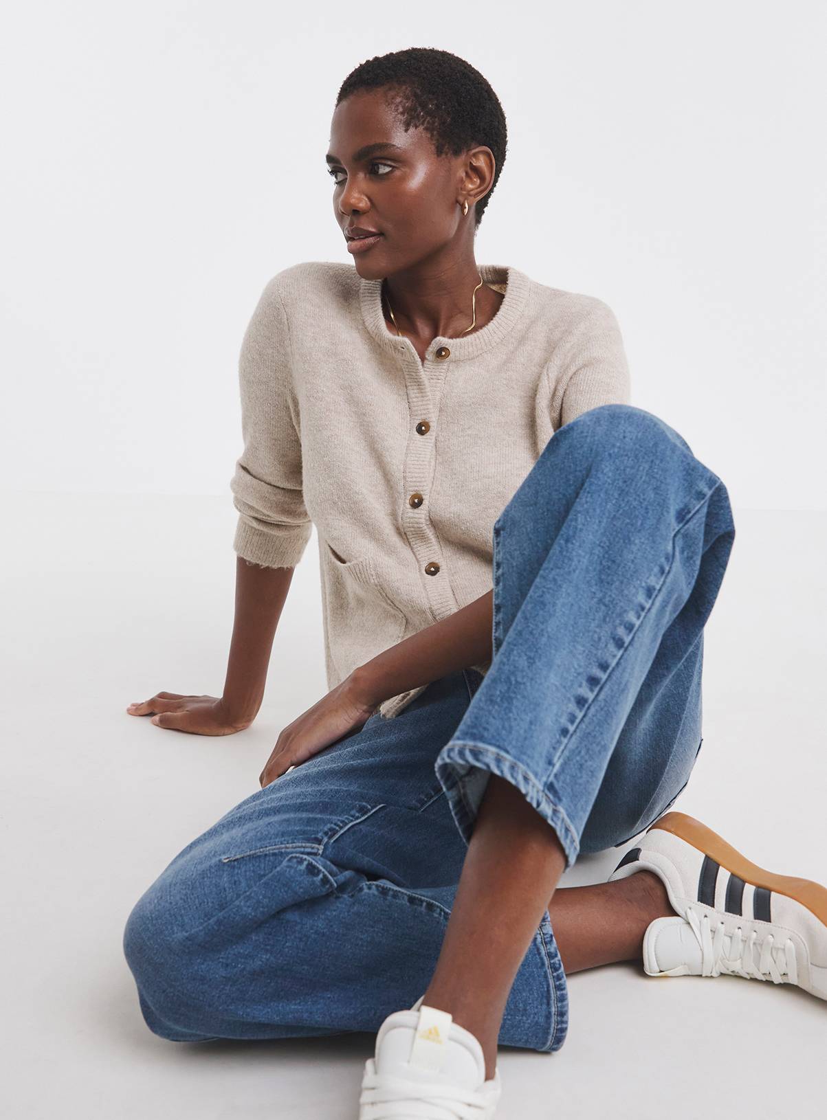 JD WILLIAMS Sponge Crew Neck Cardigan Oatmeal 32-34 - Image 3