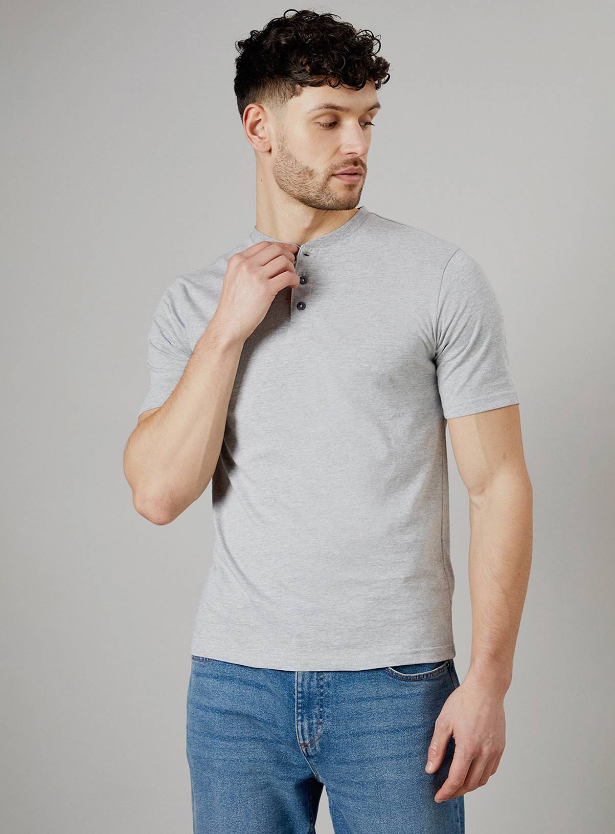 BURTON Grey Marl Grandad Neck T Shirt XL - Image 1