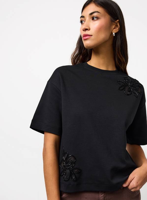 Black Floral Placement Boxy T-Shirt S