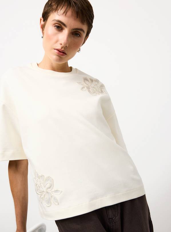 Cream Floral Placement Boxy T-Shirt M