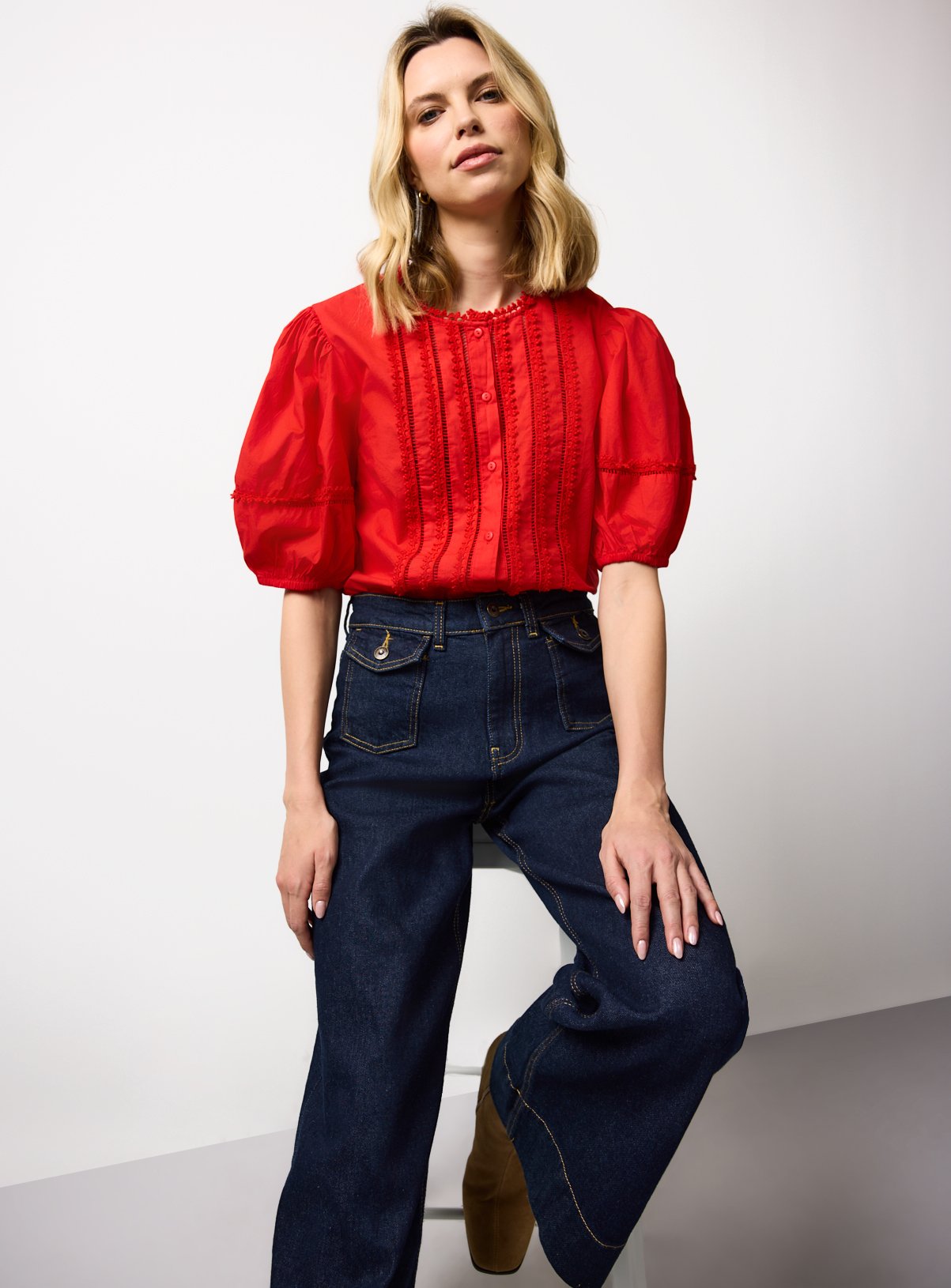 Red Pintuck Lace Trim Blouse 22 - Image 2 thumbnail