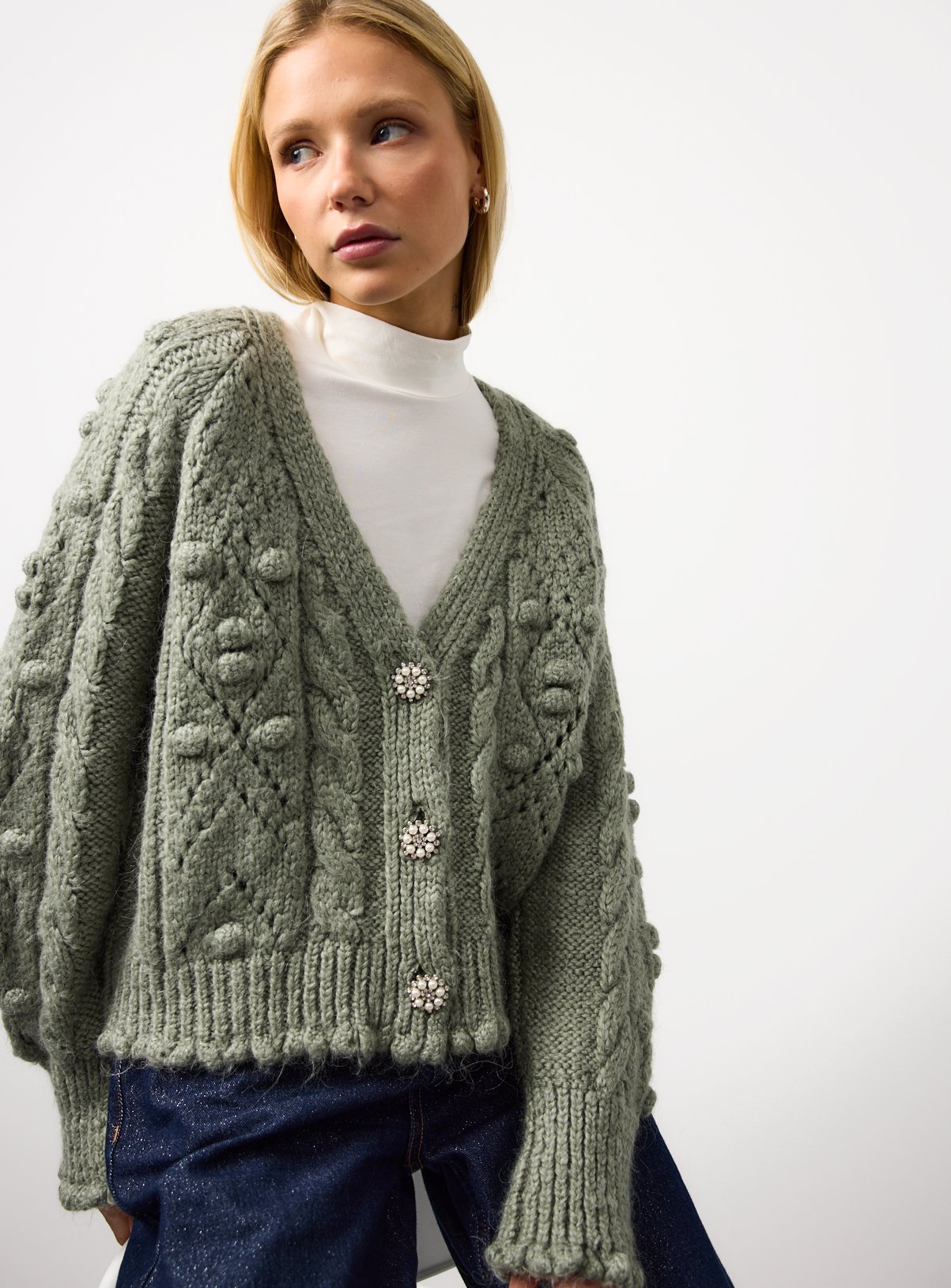 Khaki Bobble Knitted Embellished Button Cardigan XL - Image 1 thumbnail