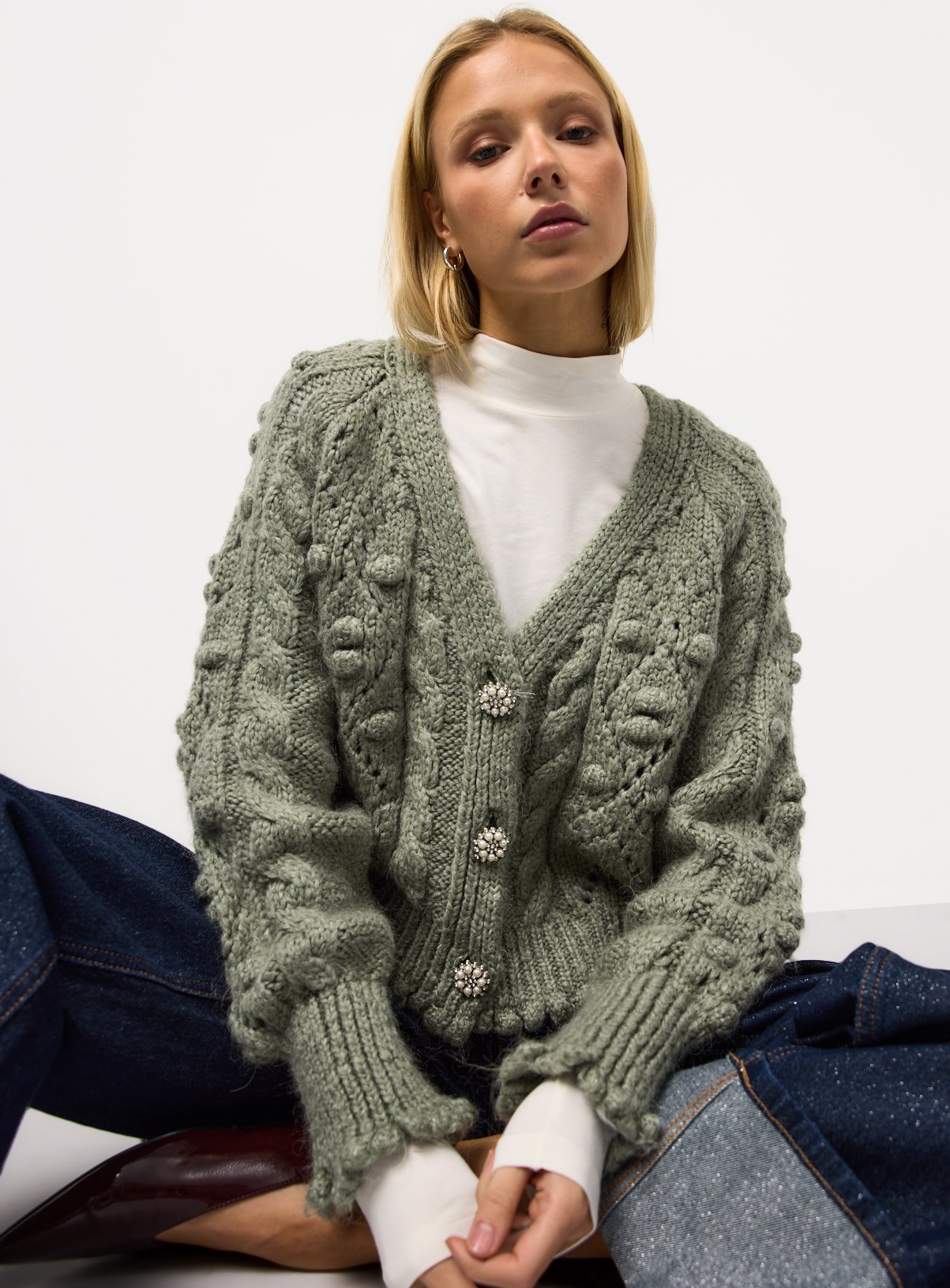 Khaki Bobble Knitted Embellished Button Cardigan XL - Image 2 thumbnail