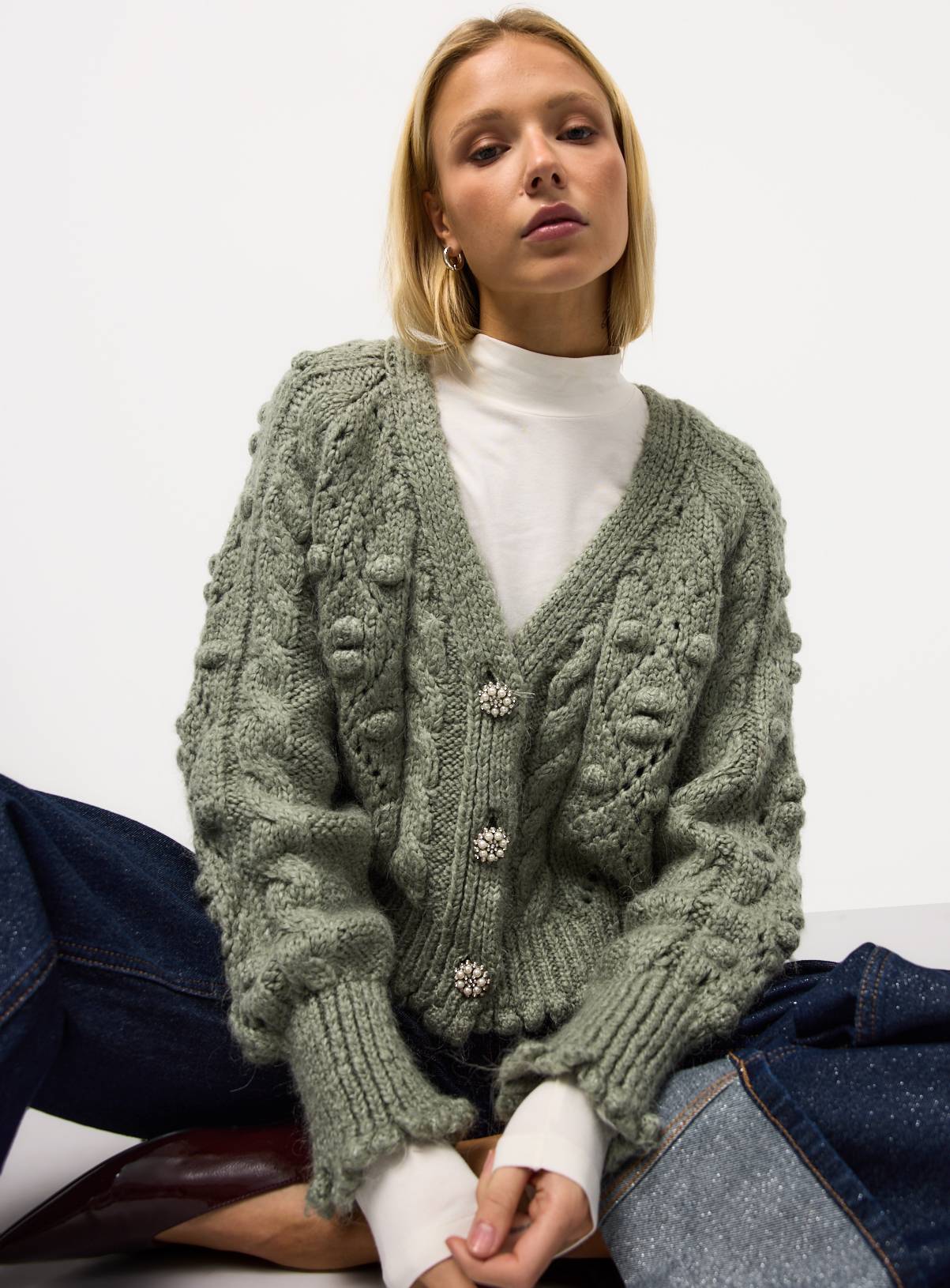 Khaki Bobble Knitted Embellished Button Cardigan XL - Image 2