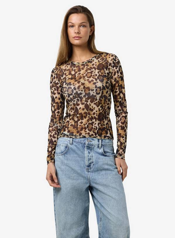 NOISY MAY Leopard Print Long Sleeved Mesh Top S/UK8