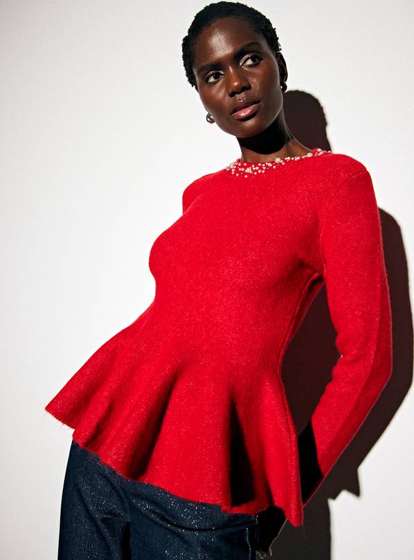 Red Jewel Neck Peplum Knitted Top 16