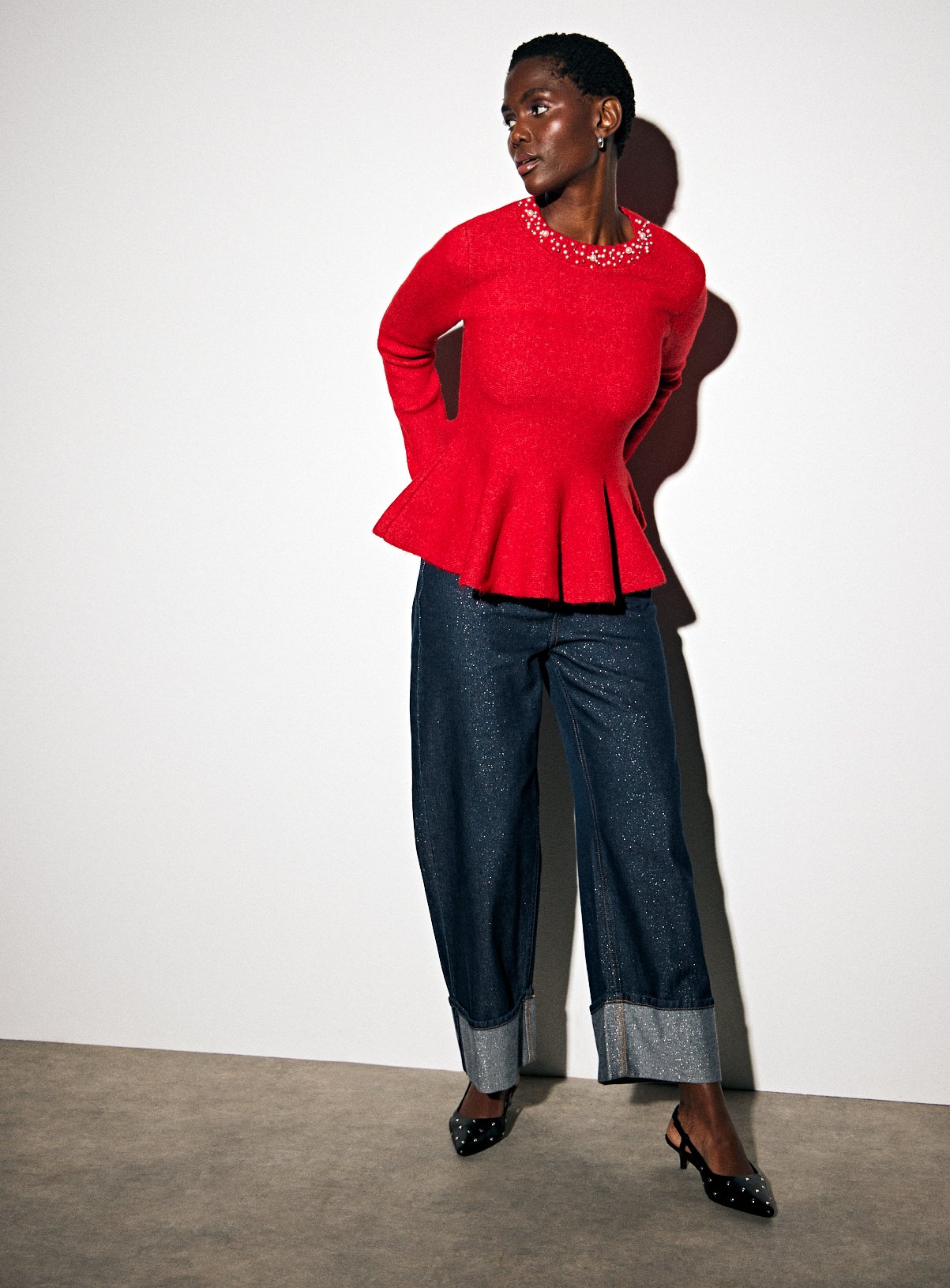 Red Jewel Neck Peplum Knitted Top 8 - Image 2 thumbnail