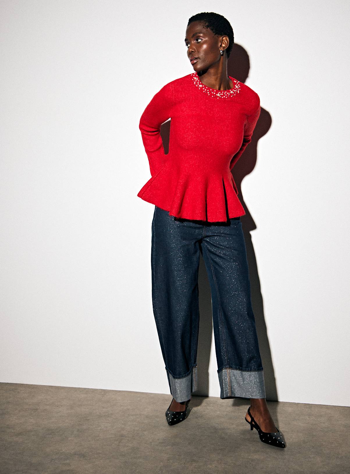 Red Jewel Neck Peplum Knitted Top 8 - Image 2