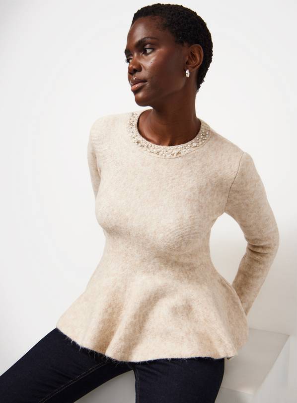 Neutral Jewel Neck Peplum Knitted Top 10