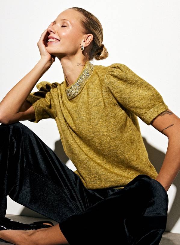 Green Diamante Embellished Collar Knitted T-Shirt 10