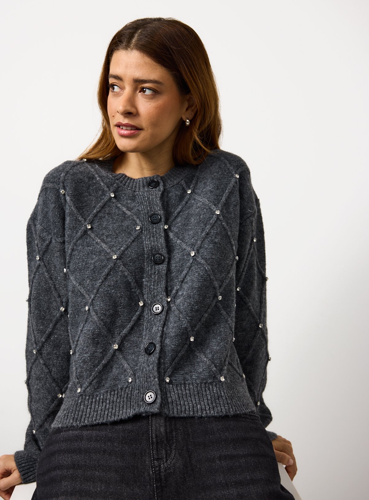 Charcoal Embellished Diamond Stitch Knitted Cardigan  16 - Image 1 thumbnail