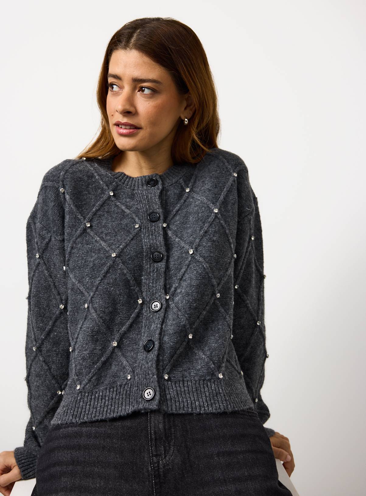 Charcoal Embellished Diamond Stitch Knitted Cardigan  16 - Image 1