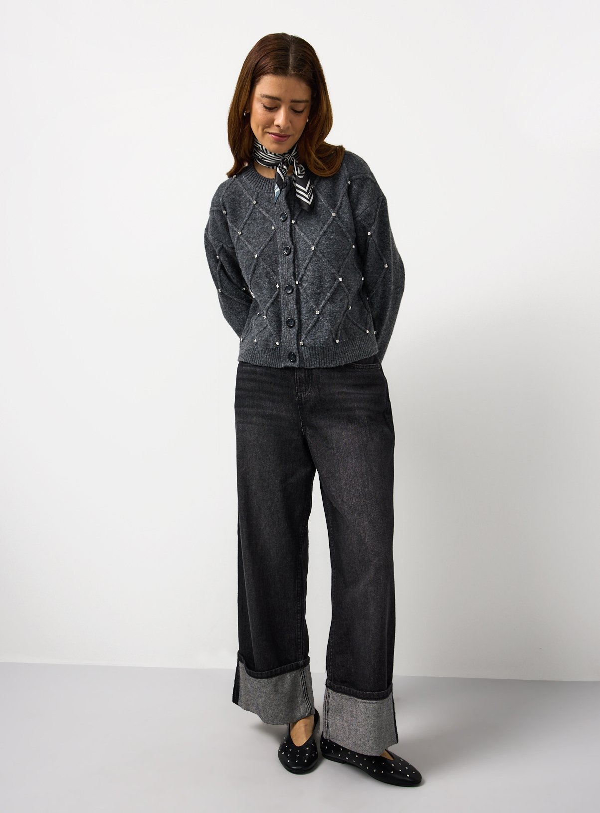 Charcoal Embellished Diamond Stitch Knitted Cardigan  16 - Image 2 thumbnail