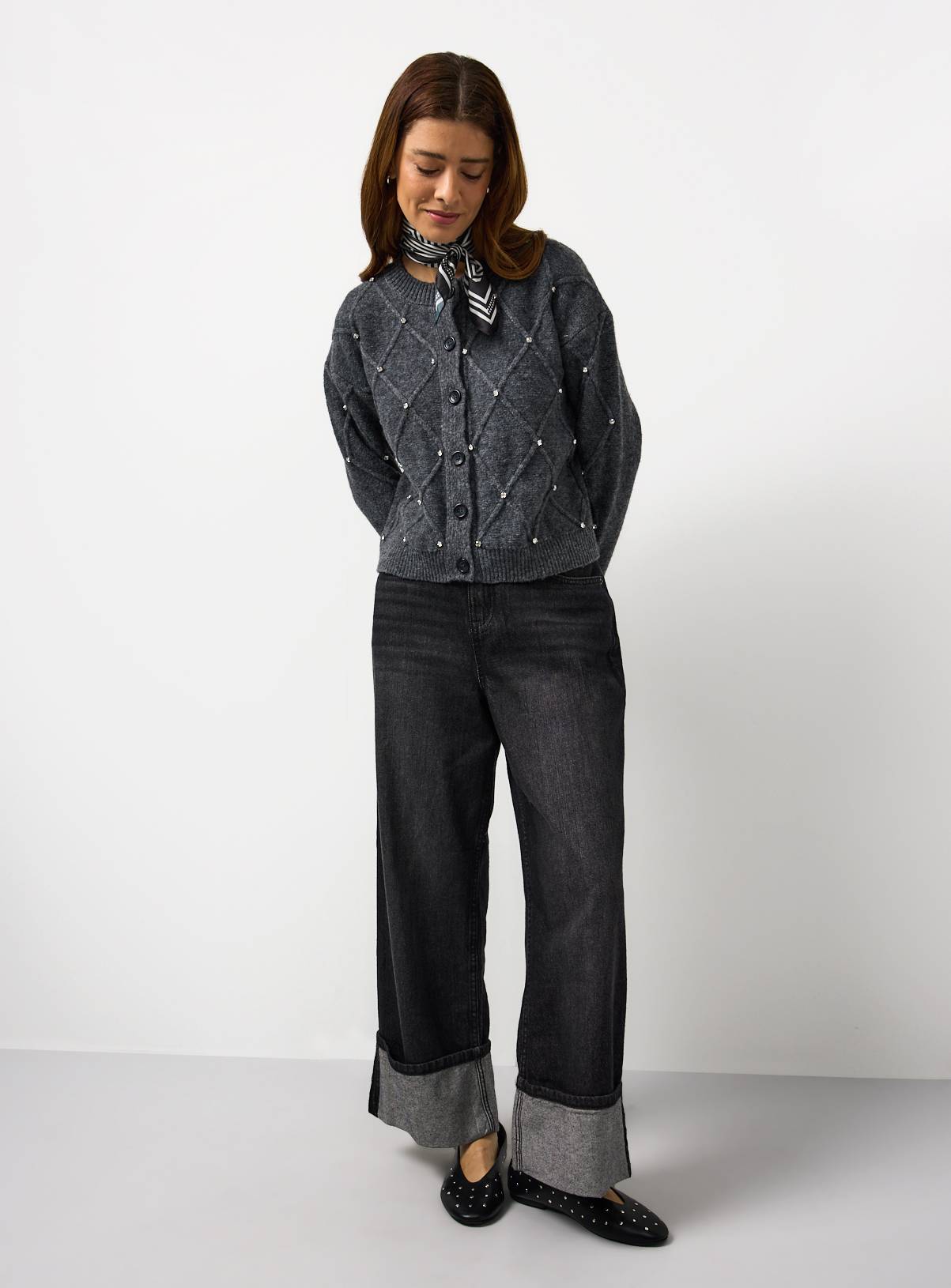 Charcoal Embellished Diamond Stitch Knitted Cardigan  16 - Image 2