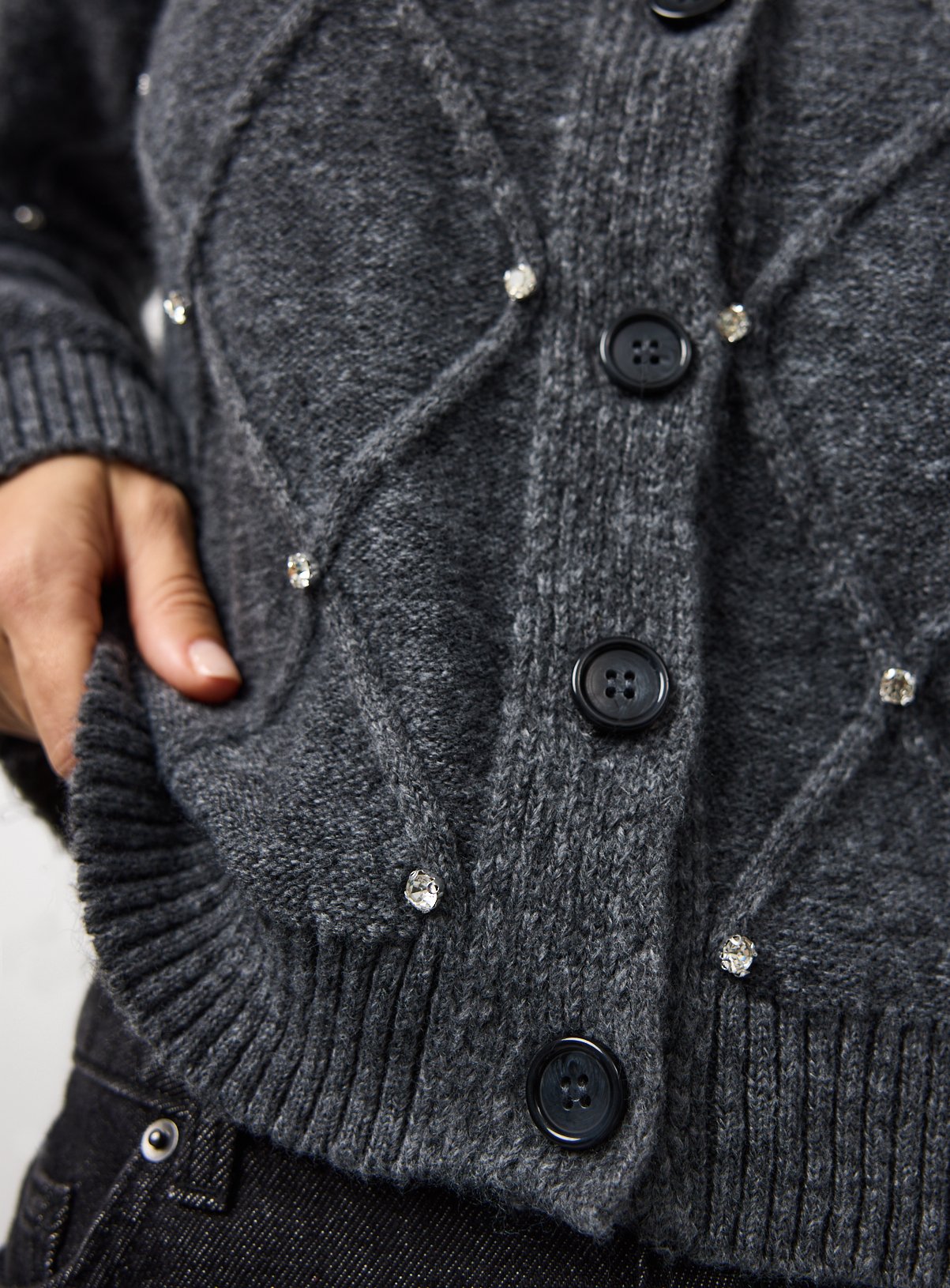 Charcoal Embellished Diamond Stitch Knitted Cardigan  16 - Image 3 thumbnail