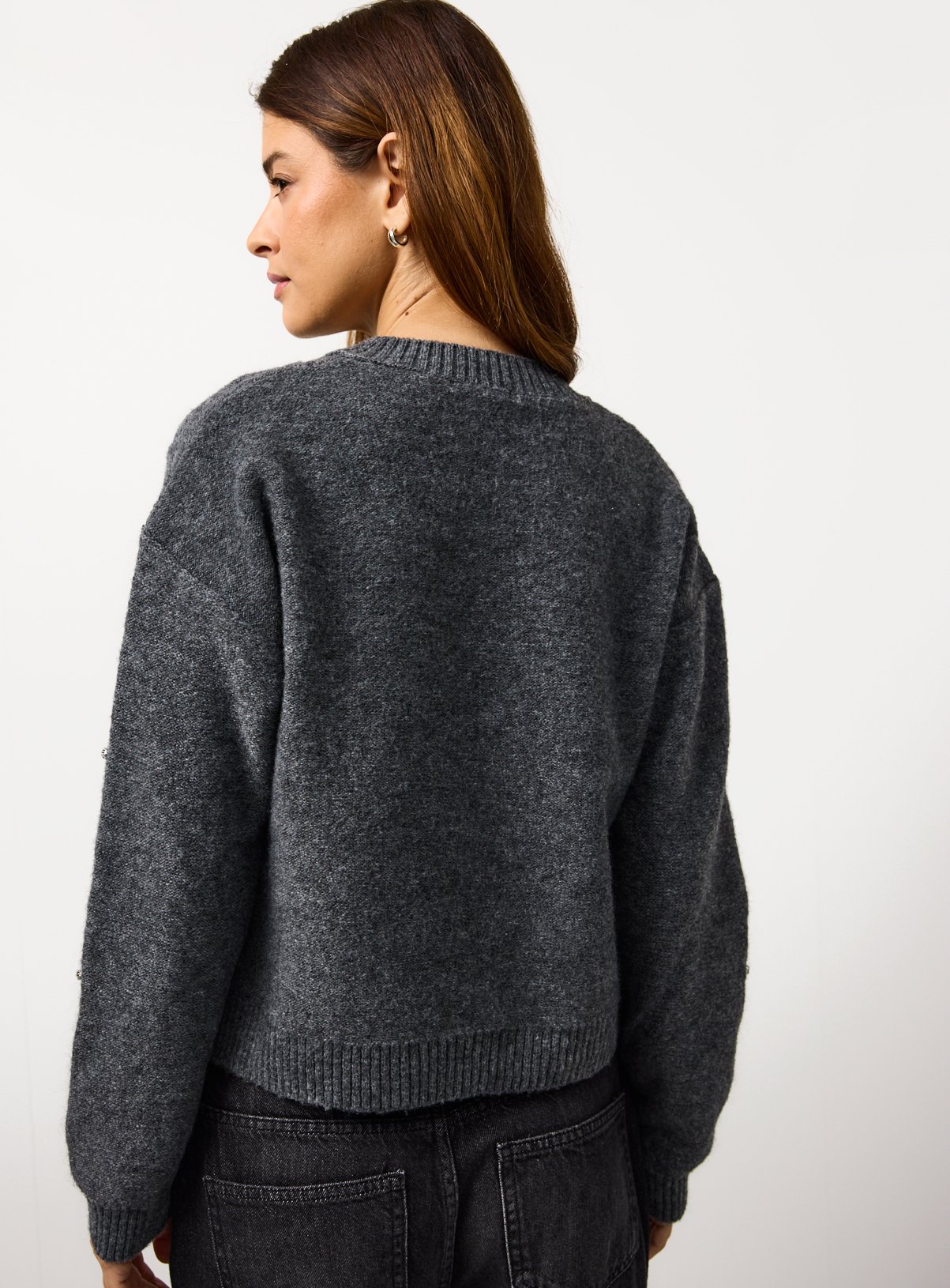 Charcoal Embellished Diamond Stitch Knitted Cardigan  16 - Image 4 thumbnail