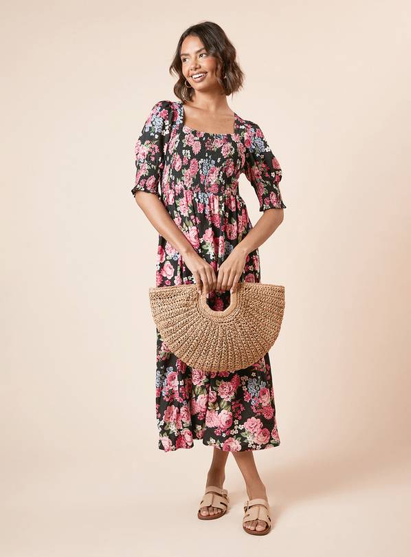 DOROTHY PERKINS Black Floral Shirred Bodice Puff Sleeve Square Neck Midi Dress 14