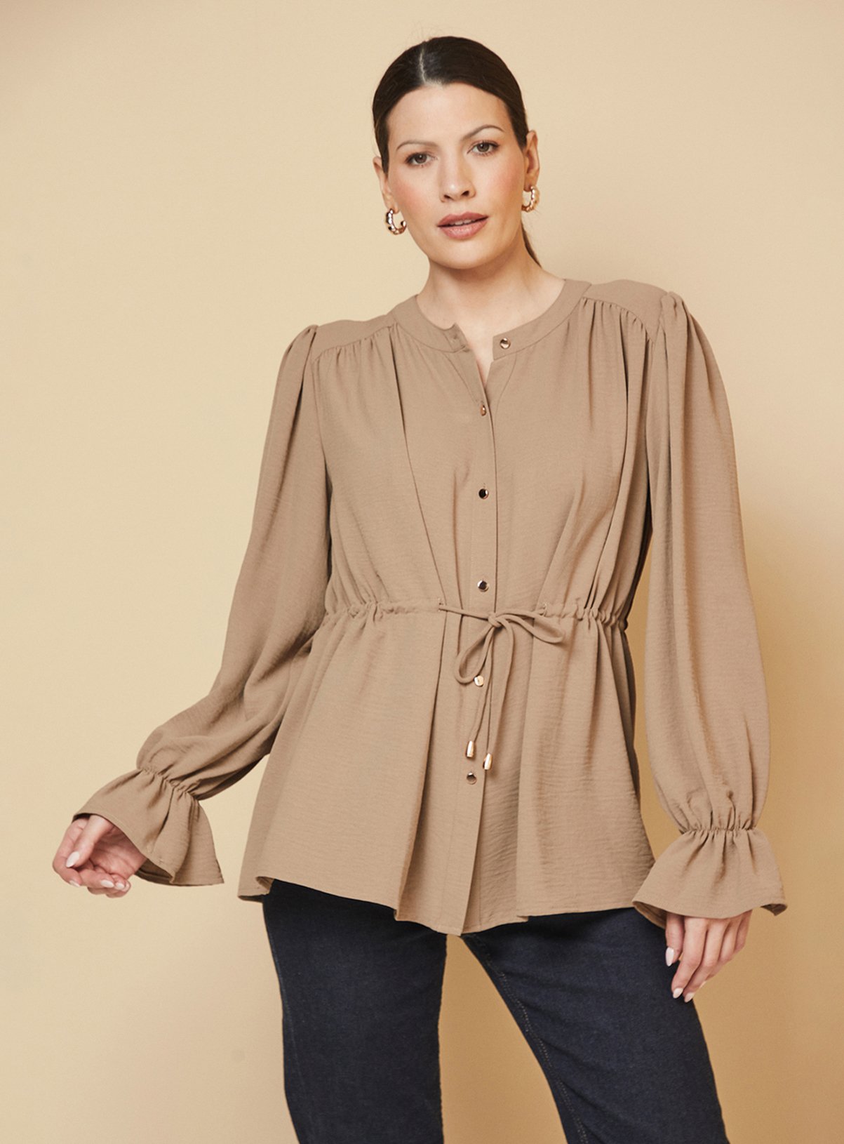 Khaki WALLIS Woven Drawstring Button Shirt