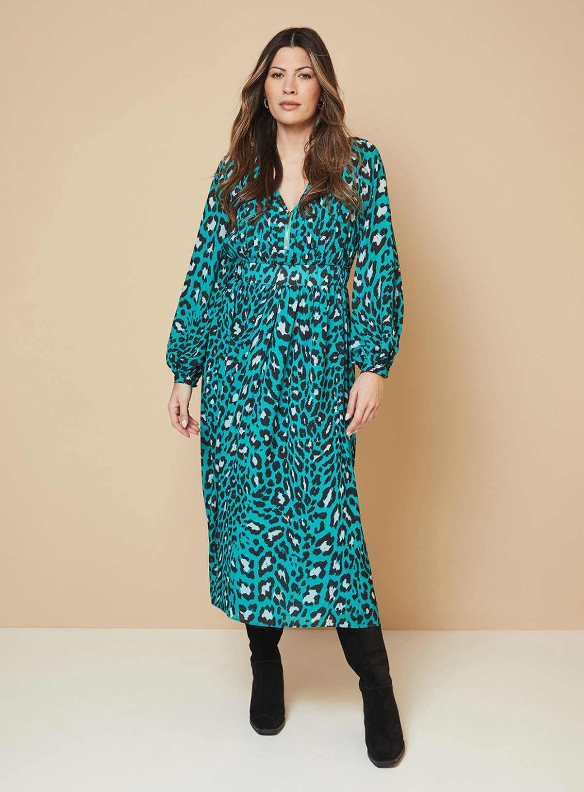 Green WALLIS Abstract Pin Tuck Detail Zip Midi Dress