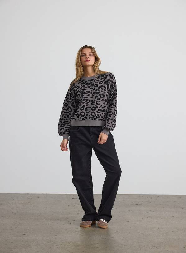NOISY MAY Long Sleeved Knitted Jumper In Charcoal Gray Leo Pattern XS/UK6