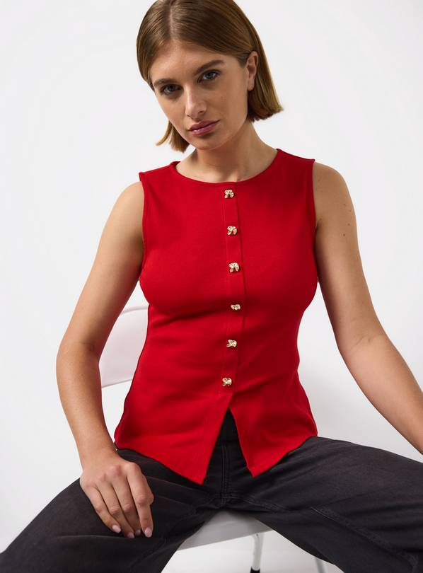 Red Sleeveless Gold Button Detail Top 10