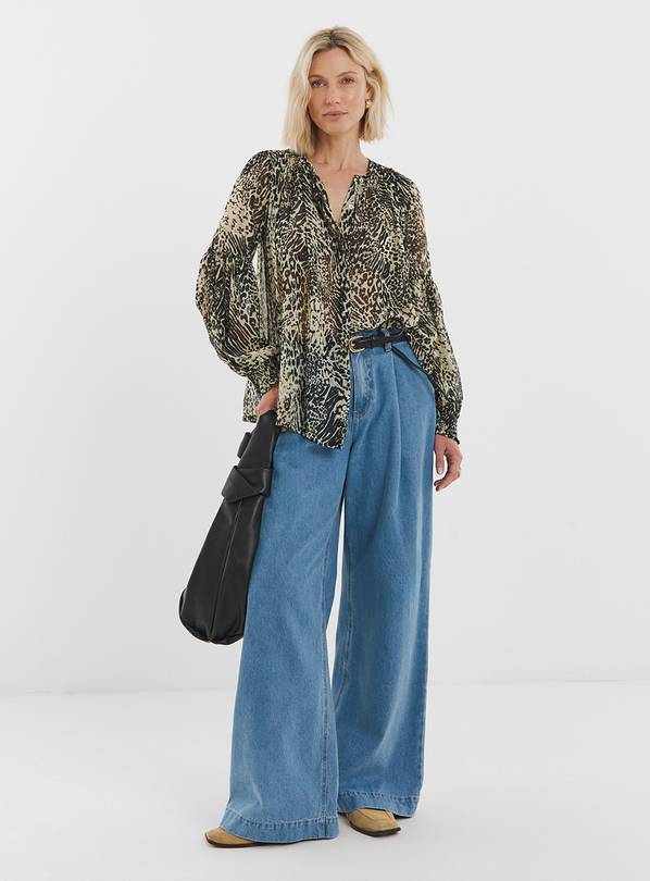 JD WILLIAMS Georgette Collarless Blouson Sleeve Blouse Natural Print 22